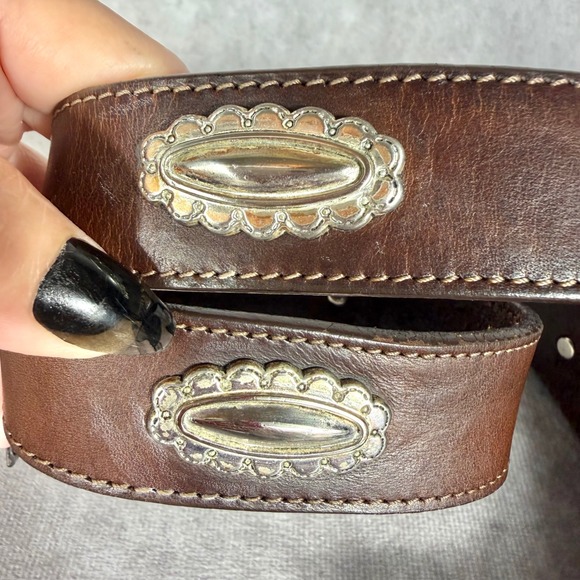 Vtg \'91 Brighton Brown Leather Western Belt Silver Gold Floral Concho USA Large main image 8